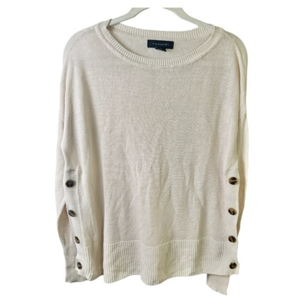 Tahari Sweater Womens Medium Linen Lightweight Summer Button Accents Long Sleeve